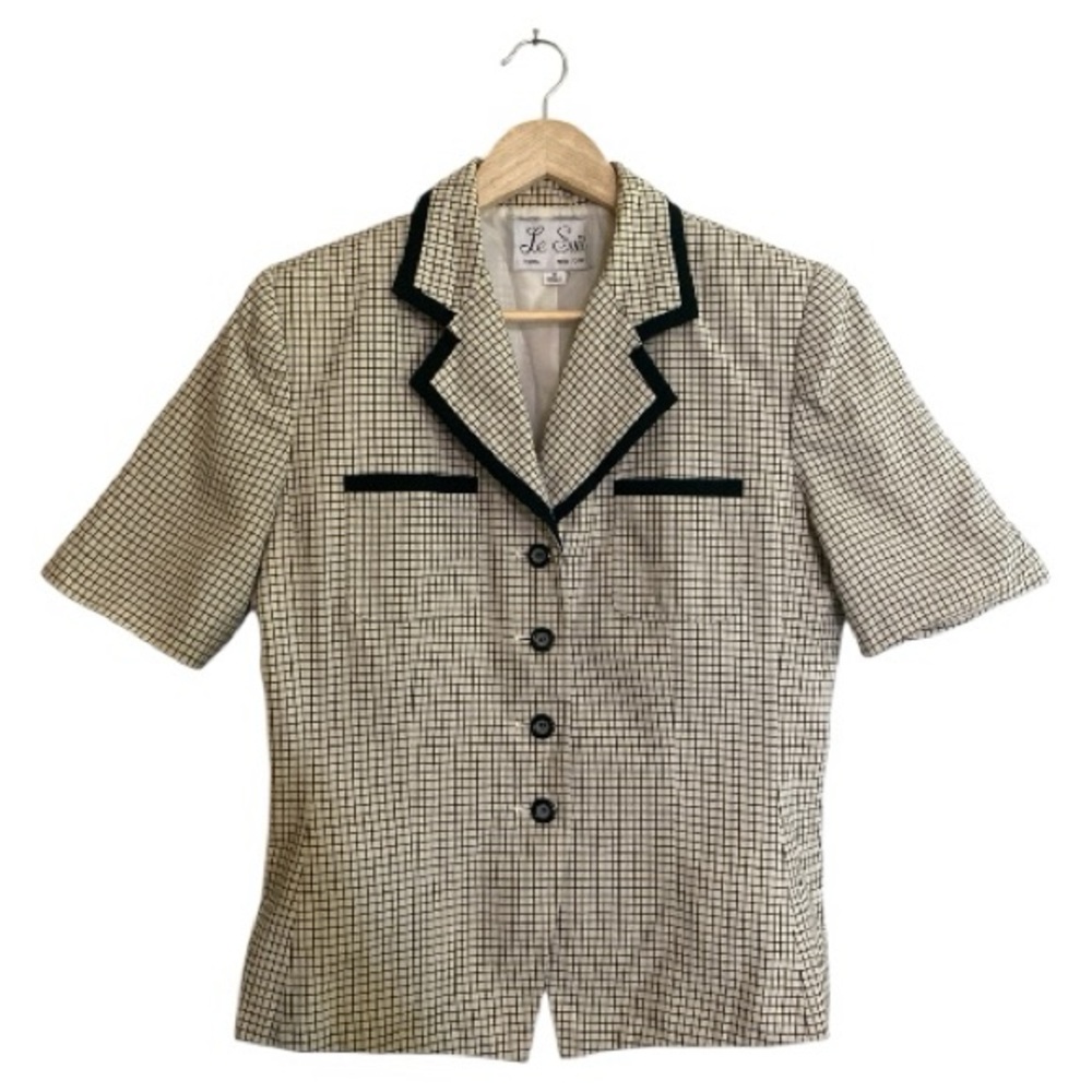 Le Suit Vintage Beige Checkered Blazer with Black Accents Size 8